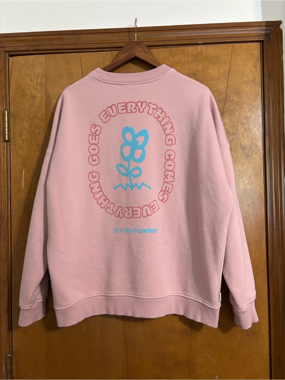 SRF INC. Organic Pink Crewneck Sweatshirt - Small Blue Flower Logo